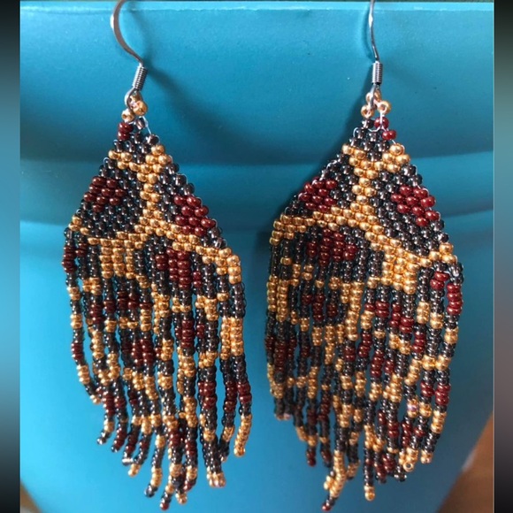 Beaded Leopard Print Fringe Earrings | Handmade - Picture 2 of 2